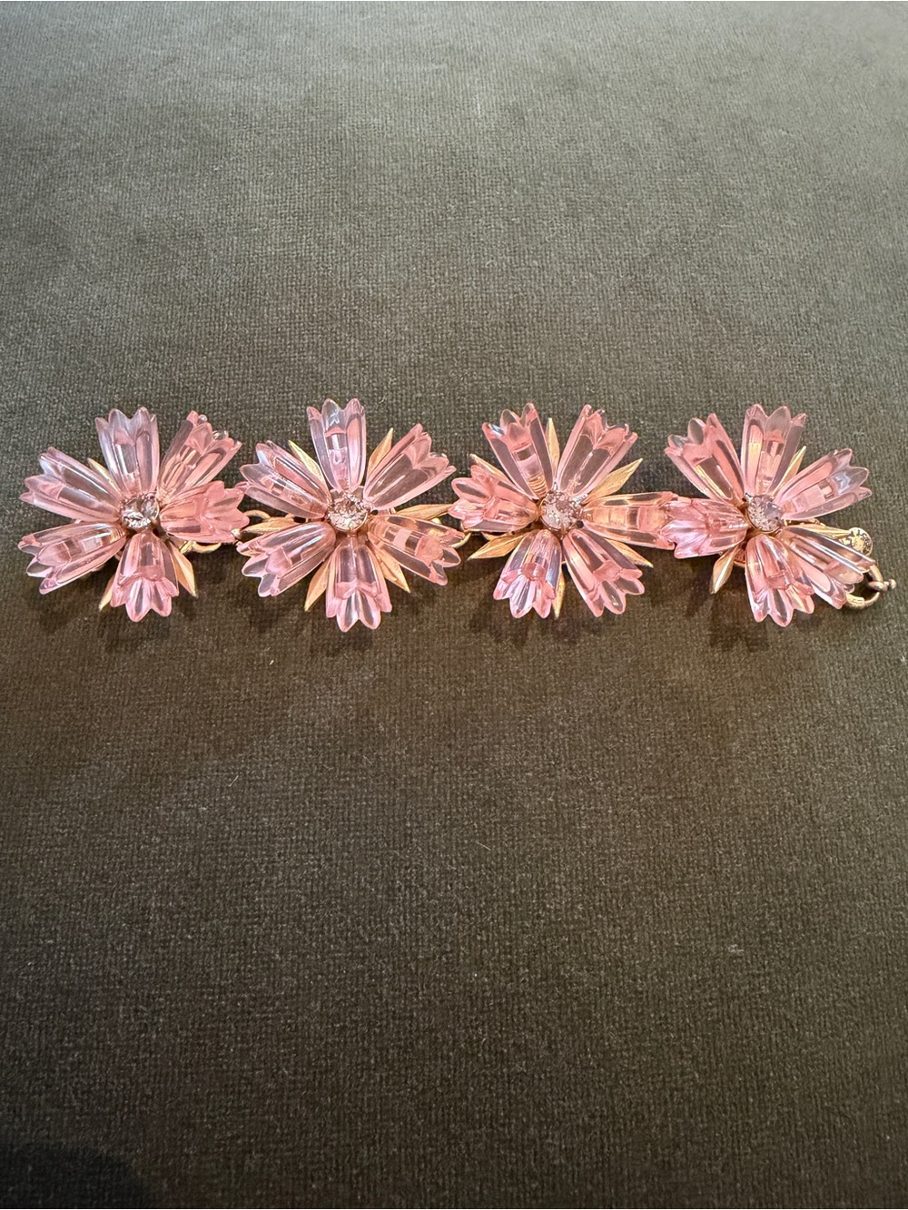 J.Crew Pink Lucite Rhinestone Brass Dahlia Flower Bracelet